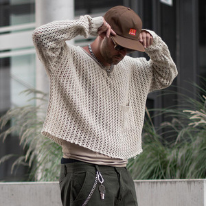 Tùy Chỉnh Sọc Crochet Hollow Dài Tay Áo Crew Cổ Đan Người Đàn Ông Của Áo Len Với Túi - Product Image 3