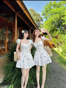 Vestido Blanco y Azul con Mangas Abullonadas y Escote Copa, Hecho en Vietnam, Mini Vestido con Mangas Abullonadas y Decoración con Estampado Floral Azul - Product Image 5