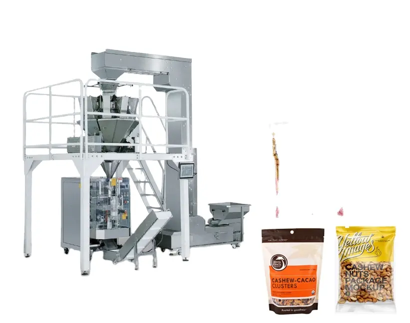 Mesin kemasan butiran otomatis multifungsi 100-2500gm skala 14 kepala untuk biji mete kacang makanan ringan buah cabai