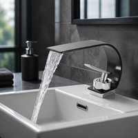 Keran Wastafel Air Terjun Matte Black, Tuas Tunggal, Mixer Tap Kamar Mandi, Finishing Krom Kuningan, Pemasangan di Dek