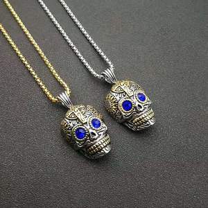 Commercio all'ingrosso in acciaio inox <span class=keywords><strong>ciondolo</strong></span> <span class=keywords><strong>teschio</strong></span> 18K placcato oro collana da uomo <span class=keywords><strong>con</strong></span> zircone blu pietra malocchio stile Punk - Product Image 5