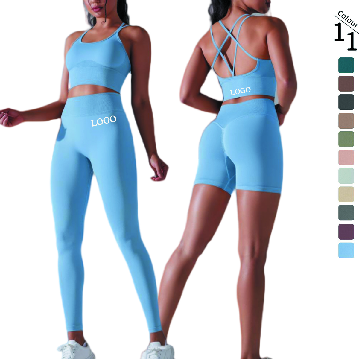 OEM Quick Dry Breathable Gym Suits for Women Seamless 2-Piece Sports Bra Scrunch Pants Shockproof Yoga Sets for Female