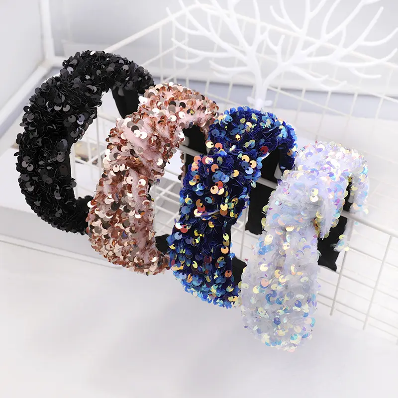 LRTOU Thiết Kế Mới Bán Buôn Cô Gái Tùy Chỉnh Bling Nhựa Tóc Ban Nhạc Paillette Vải Sequin Knot Hairband Headband Cho Phụ Nữ