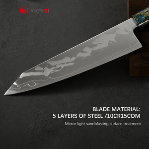 Cuchillo de <span class=keywords><strong>Chef</strong></span> Japonés Kiritsuke Personalizado, Núcleo de Acero 10Cr15CoMoV, Acero Laminado de 5 Capas, Mango de Madera Lacada en Azul y Dorado de Lujo, Cuchillo de Cocina - Product Image 2