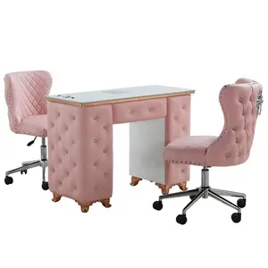 Mobilier de salon de manucure table de manucure tuftée rose personnalisée station de manucure à la mode avec ensemble de chaises