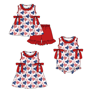 Précommande MOQ 5 – Nouveaux Nœuds de Drapeau de Fête, Étoiles, Filles, Imprimé 4ème Juillet, Coton Biologique, Spandex, Soie de Lait Douce – Vêtements de Boutique pour Tout-Petits - Product Image 5