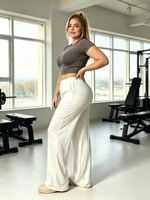 Pantalon large drapé blanc pour femme, léger, taille haute, avec ceinture élastique, coupe droite et décontractée