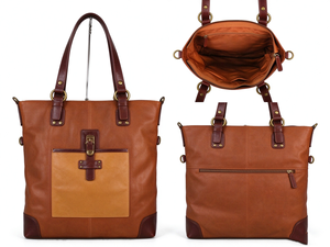 Sac fourre-tout en cuir véritable color block grande capacité avec poignée supérieure et bandoulière, doté d'une poche avant - Product Image 3