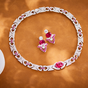 Ensemble collier et boucles d'oreilles en zircon et rubis en forme d'éventail en laiton, élégant, pour mariage, <span class=keywords><strong>chocolat</strong></span>, bijoux pour femmes, vente en gros - Product Image 1