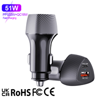 Chargeur de voiture à charge rapide 51W QC PD3.0 double port avec protection OTP, adaptateur allume-cigare Type C ignifuge en PC pour appareils mobiles
