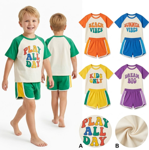 ชุดเสื้อผ้าเด็กผู้หญิงพรีเมียมสำหรับฤดูร้อน แขนสั้น แขนกุด คอกลม ผ้าฝ้าย สำหรับเด็กวัยเตาะแตะ ลายบล็อกสีสันผสมผสาน - Product Image 2