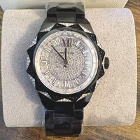 Jam Tangan Bentuk Bintang Hitam Dial Bertabur Berlian Penuh Penanda Romawi Tali Baja Tahan Karat Berkilau Hip Hop Unisex Quartz