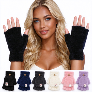 Gants sans doigts en fausse fourrure pour femmes, mitaines convertibles, gants mi-doigts chauds et moelleux pour l'hiver avec fermeture à bouton - Product Image 1