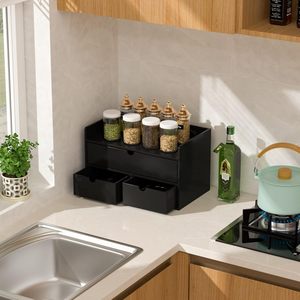 Modern Black <strong>Mini</strong> Bamboo Desk Organizer with Shelf Tabletop Cosmetic Storage <strong>Drawer</strong> for Office or Home Use - Product Image 4