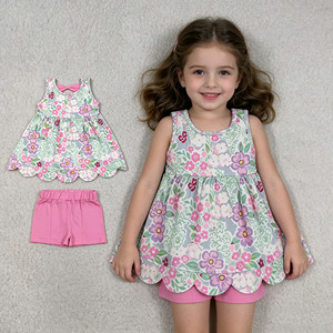 Ensembles de vêtements décontractés pour filles sœurs, motif floral mignon avec nœuds, collection Printemps-Automne, avec bordures festonnées - Prêts à expédier (RTS) - Product Image 1