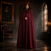 Mittelalterlicher Kapuzenumhang mit Spitze für Damen, Burgunderrot, Viktorianisches Gotisches Halloween-Kostüm, Exquisite Spitzenstickerei, Mehrschichtig