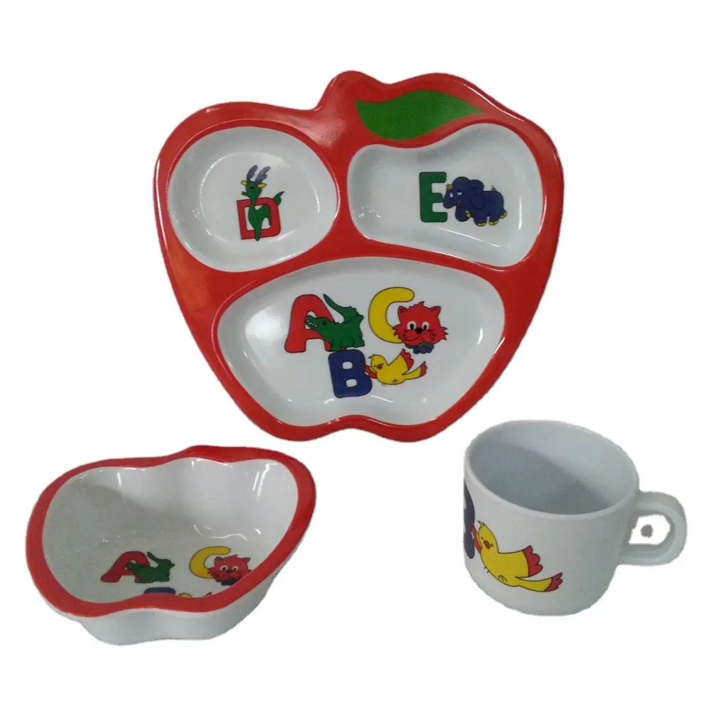 Children's Apple Shape Animal Kids Dinnerware Sets Cartoon Dog Printing Irregular Kids Tableware sets with Bow Tray Cup