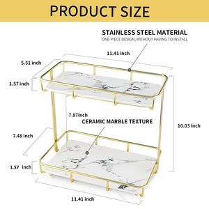 Bandeja de cerámica de mármol de 2 niveles CF con estante de acero inoxidable, organizador de maquillaje para lavabo de baño, estante de almacenamiento para encimera, bandeja de tocador - Product Image 2