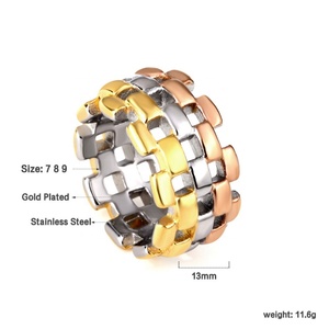 Anillo Apilable de Acero Inoxidable Chapado en Oro PVD de 18K, Diseño Vintage de Superficie Ancha, Hueco y Multicapa, Bicolor, Anillos Gruesos - Product Image 4