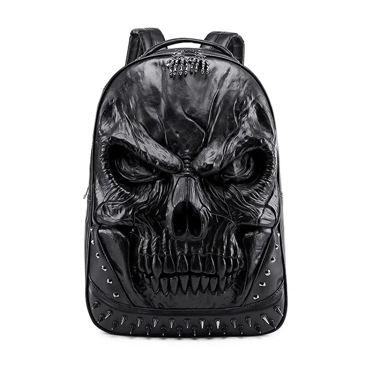 Wholesale custom leather backpack men designer black skull 3d backpack