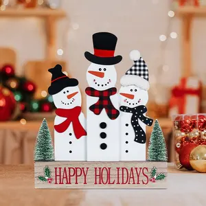 Wooden home decor indoor large snowman wooden block with a tree scarf Christmas decorations multicolor Christmas decorations