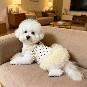 Vestito Tutu a Pois Crema per Animali Domestici, con Volant e Senza Maniche, Gonna da Principessa per Cuccioli, con Fiocco Decorativo, Abbigliamento per <span class=keywords><strong>Cani</strong></span> <span class=keywords><strong>di</strong></span> Piccola Taglia - Product Image 3