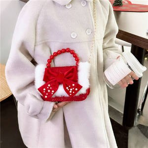 Kinder kleine quadratische Mode Perle Handtasche Herbst Winter Neujahr Festival Mädchen Bogen Stoff Umhängetasche mit Knopf verschluss - Product Image 1