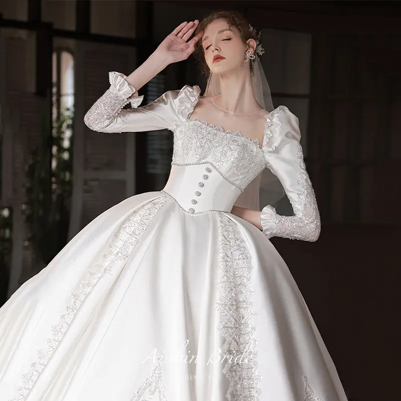 Nuova moda abito da sposa in raso A maniche lunghe in pizzo dimagrante taglie forti abiti da sposa eleganti