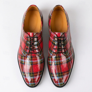 Zapatos Oxford de cuero genuino con diseño tartán rojo, con cordones, punta redonda, suela de goma, para hombre, para oficina, bodas, fiestas, eventos formales y negocios. - Product Image 2