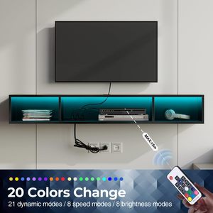Toma de corriente, consola de medios <span class=keywords><strong>negra</strong></span>, entretenimiento flotante, estante de TV montado en la pared, gabinete de soporte con luces RGB para sala de estar - Product Image 3