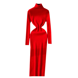 Abito invernale a collo alto in <span class=keywords><strong>maglia</strong></span> sottile abito Midi da donna in pizzo bordeaux <span class=keywords><strong>rosso</strong></span> nero bianco - Product Image 5