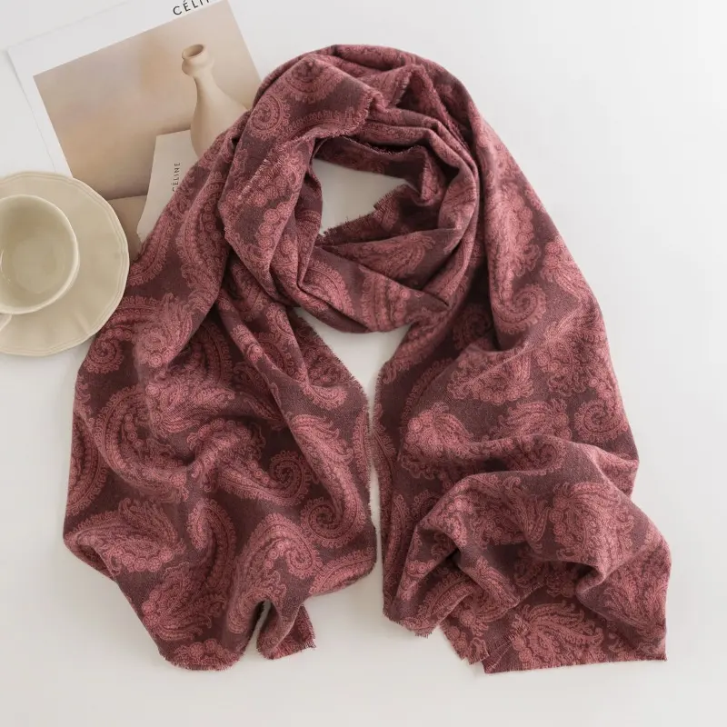 Women Soft Pashmina Fuzzy Brushed Woven Scarf with Cashew Nut Printing