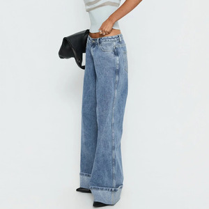 Women's Mid Straight Jeans Y2K Casual Sexy Vintage Wash Rhinestone Embellished Rolled Cuff Baggy Denim - Product Image 2