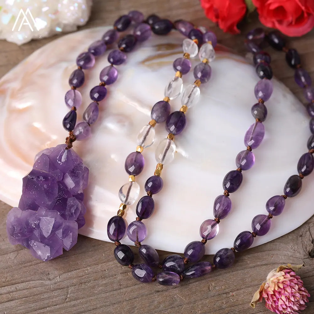Amethyst Chip Beads Crafts Jewelry   Cluster Flower Crystal Pendant Mala Necklace for Yoga Women Gift