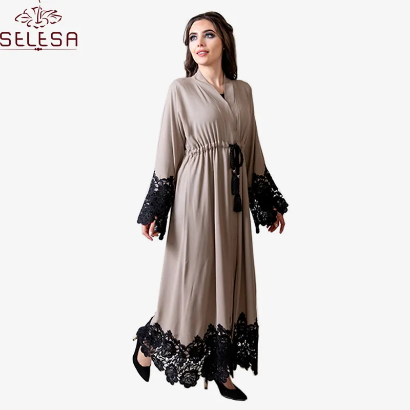 Fashional Stijl Vrouwen Voor Open Abaya Dubai Abaya Met Riem Hoge Kwaliteit Ontwerp Vrouwen Kant Moslim Jurk Met Hijab