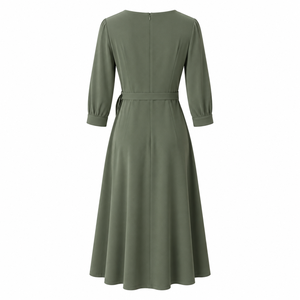 Robe de cocktail mi-longue à col en V, manches trois quarts, ceinture à nœud, robe trapèze pour fête, mariage, banquet - Product Image 2