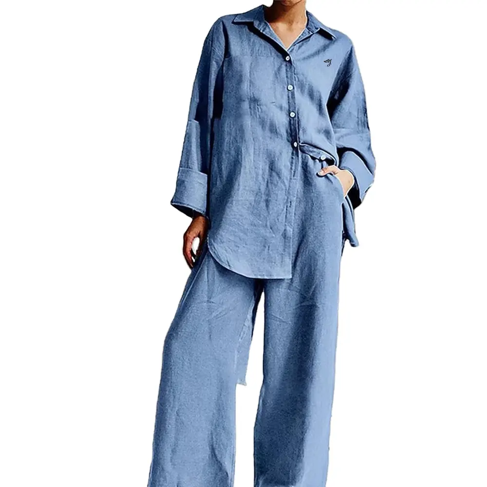 SMO Wholesales Womens Cotton Linen Suit Solid Color 2 Pcs Set Light Weight Shirt And Wide Leg Pants For Ladies