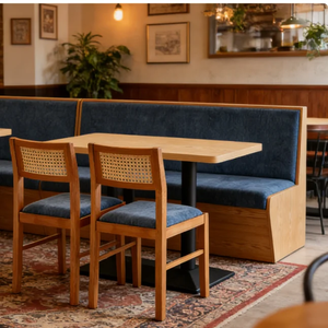 Muebles de restaurante comerciales personalizados, silla de comedor de madera maciza y ratán, asientos tapizados en tela para restaurante - Product Image 1