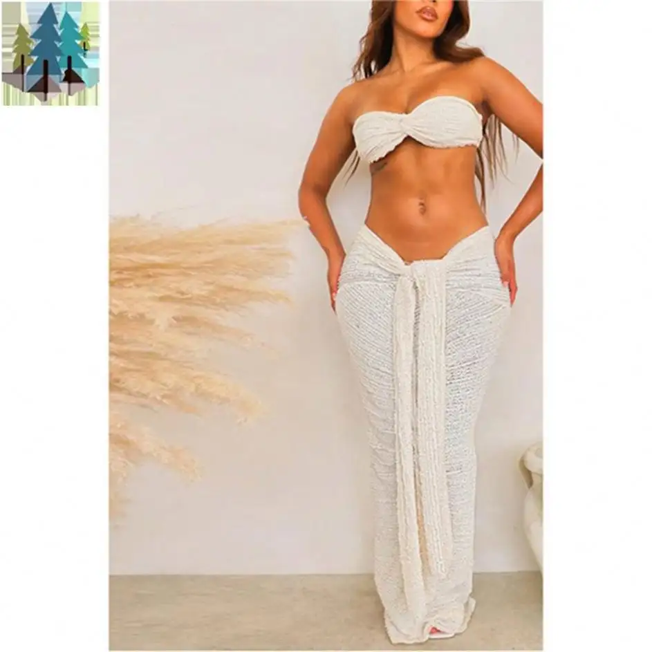 Roupas femininas de verão da moda, top sexy e saia maxi com cordões de cintura alta, conjunto de 2 peças