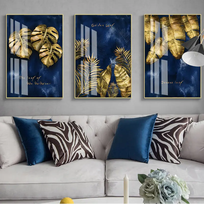 Modern HD home decorative painting triptych abstract blue background banana leaf framed luxury custom prints wall a