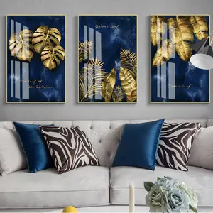 Moderna pittura decorativa per la casa HD trittico astratto sfondo blu foglia di banana incorniciata stampe personalizzate di lusso parete a