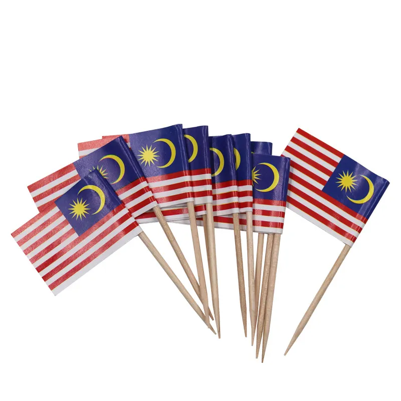 Vente en gros mini papier cure-dents drapeau de fierté de la Malaisie avec bâton pour la décoration
