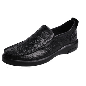 Mocassins en cuir véritable noir à bout rond, à enfiler, semelle souple, chaussures d'automne pour hommes, motif imprimé animal - Product Image 4