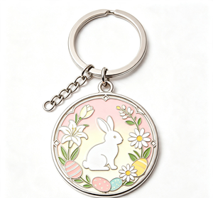 Porte-clés personnalisé en métal Lapin de Pâques, anneau émaillé rond, pendentif floral vintage, cadeau - Product Image 2