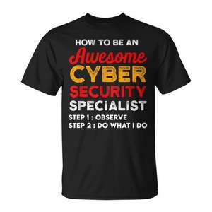 T-shirt Cybersecurity Specialist nera a maniche corte in cotone unisex con scollo rotondo, regalo promozionale per IT analisti - Product Image 1