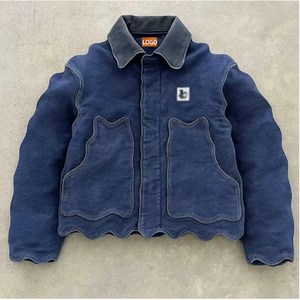 Veste en jean personnalisée pour homme, effet délavé, avec bordure ondulée, en jean bleu, épaisse, thermique, décontractée, en coton - Product Image 1