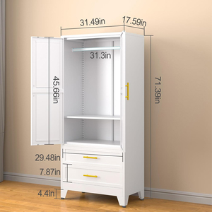Armoire en métal armoire penderie pour chambre à coucher armoire à 2 tiroirs armoire blanche mode 2 portes armoire avec tige de suspension - Product Image 3