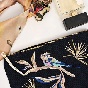 Custom Intricately Embroidered Boho Style Makeup Pouch Bird Cotton Canvas <strong>Lilac</strong> <strong>Bag</strong> - Product Image 4
