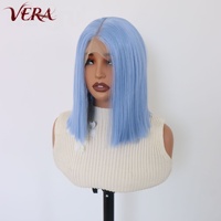 Wig Rambut Sintetis Premium Futura Fibra HD 13*4 Lace Front Tahan Panas, Wig Bob Pendek Biru Realistis