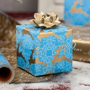 Reversible Blue Christmas Wrapping <b>Paper</b> <b>Roll</b> Gold Reindeer 17 In x 32.8 Ft Gift <b>Wrap</b> For Holiday Crafting - Product Image 5